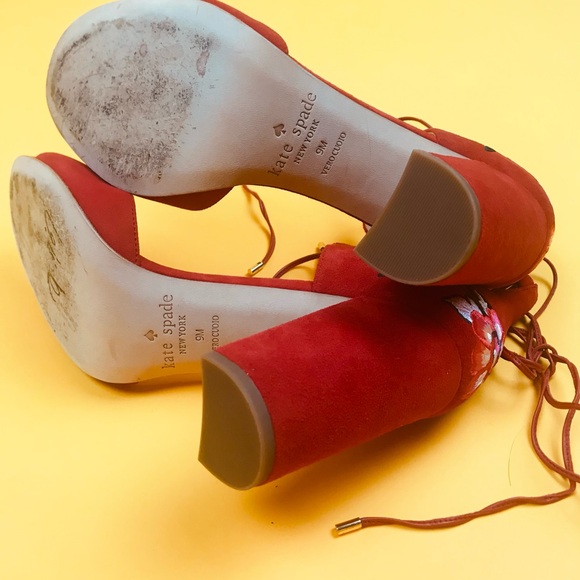 Red Kate Spade Oasis Lace Up Floral Embroidered Suede Heels - Picture 8 of 11